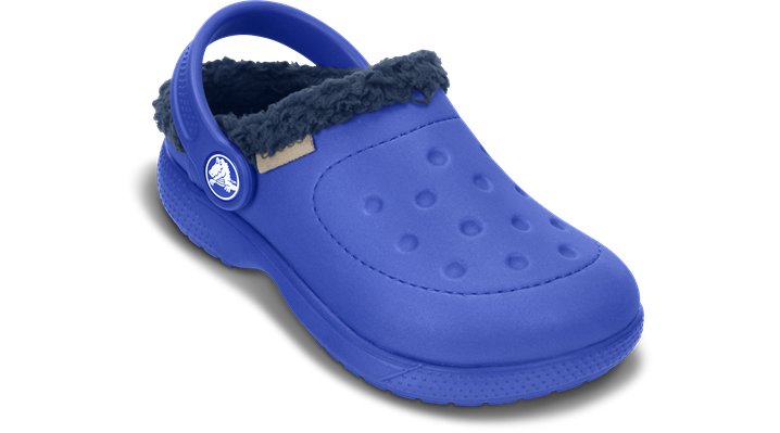 Crocs Cerulean Blue \/ Navy Kids' Crocs Colorlite Fuzz Lined Clog Shoes