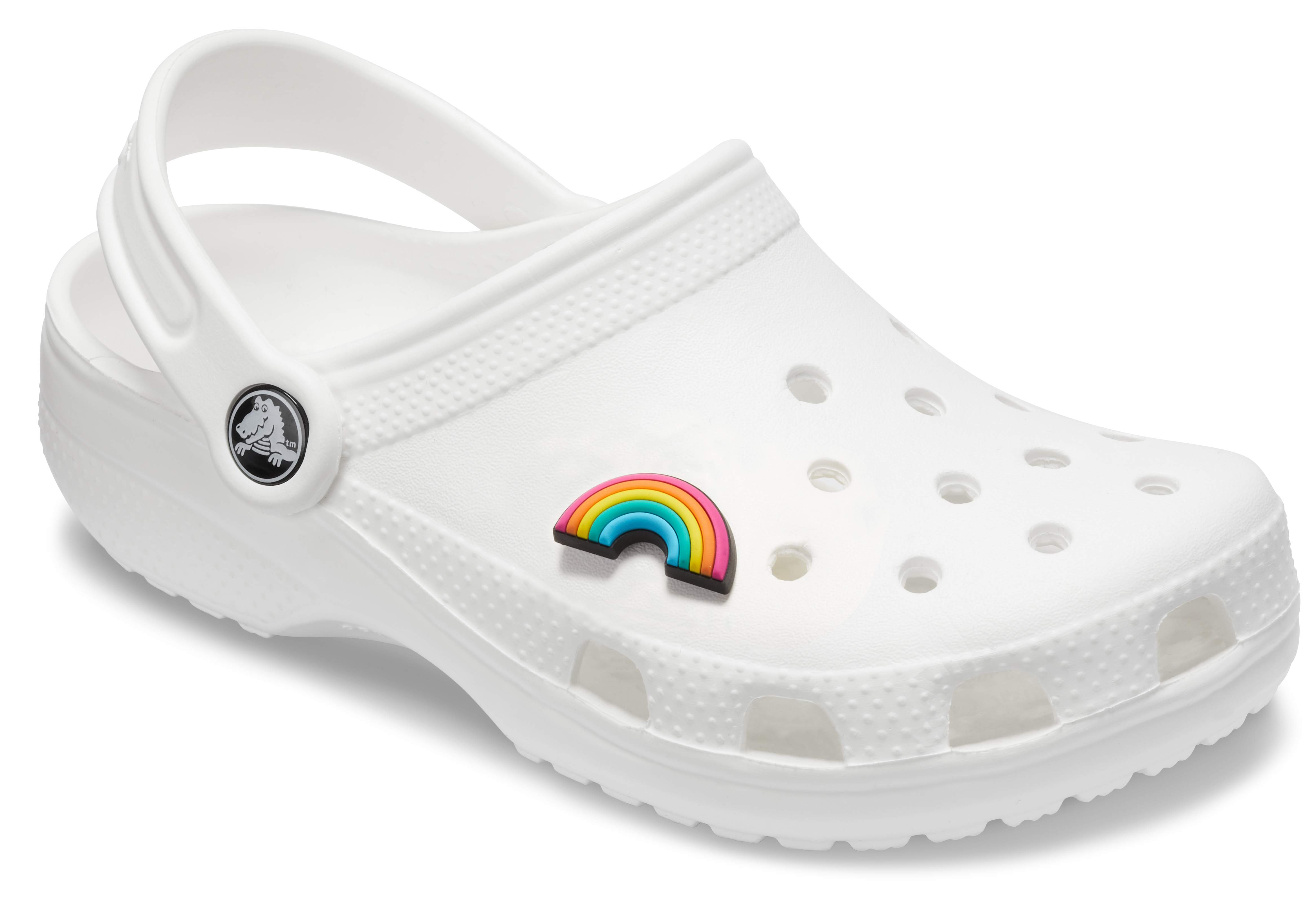 white crocs with rainbow lettering