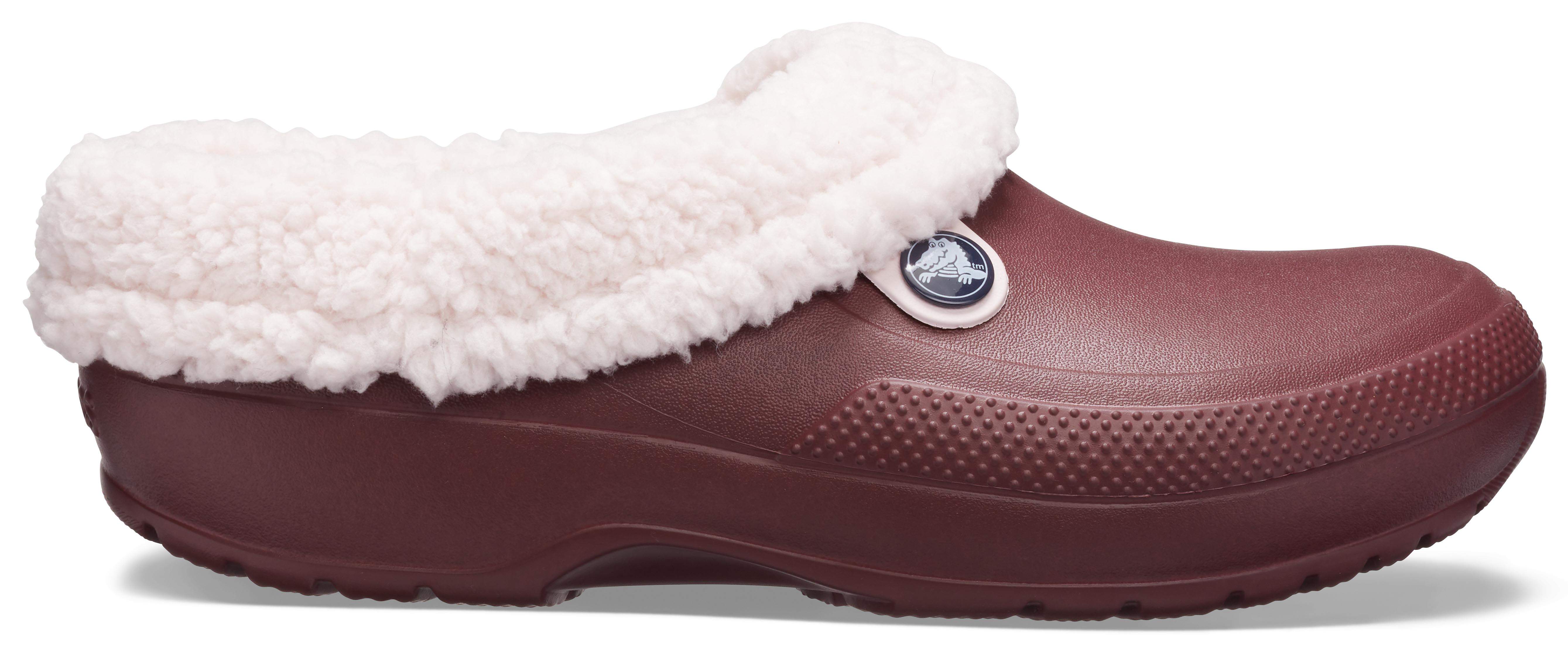 maroon crocs with fur