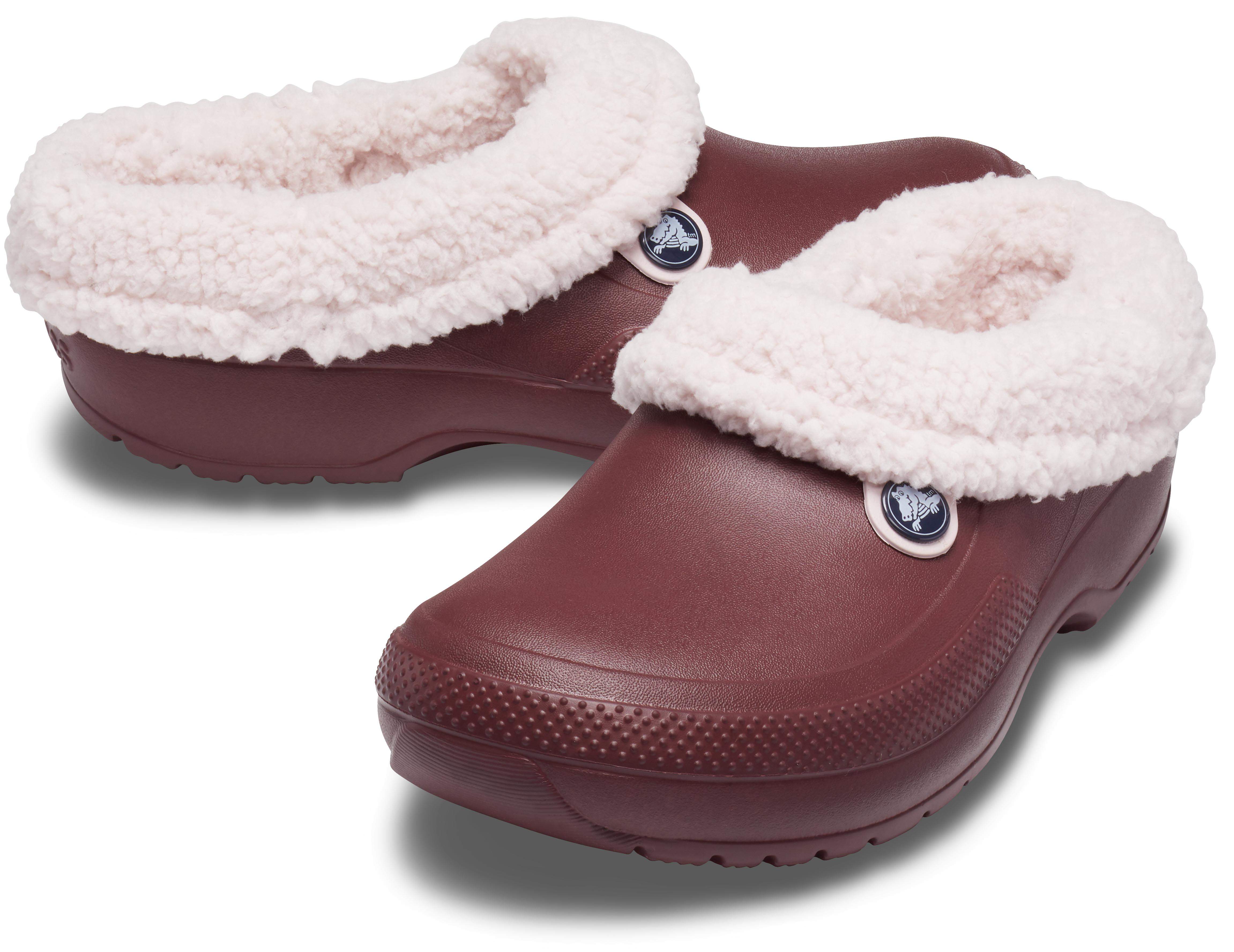 maroon crocs with fur