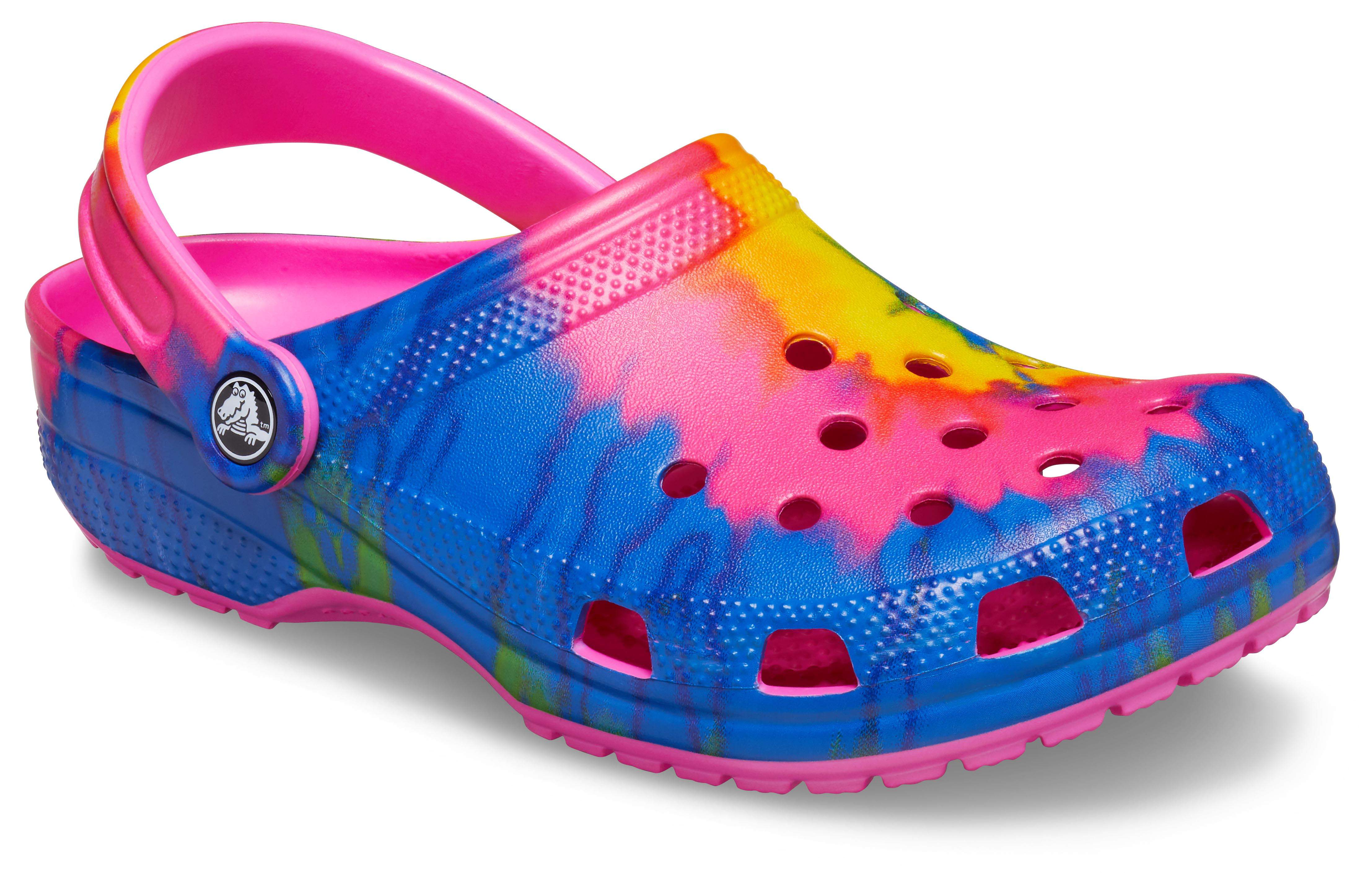 pink blue and yellow crocs