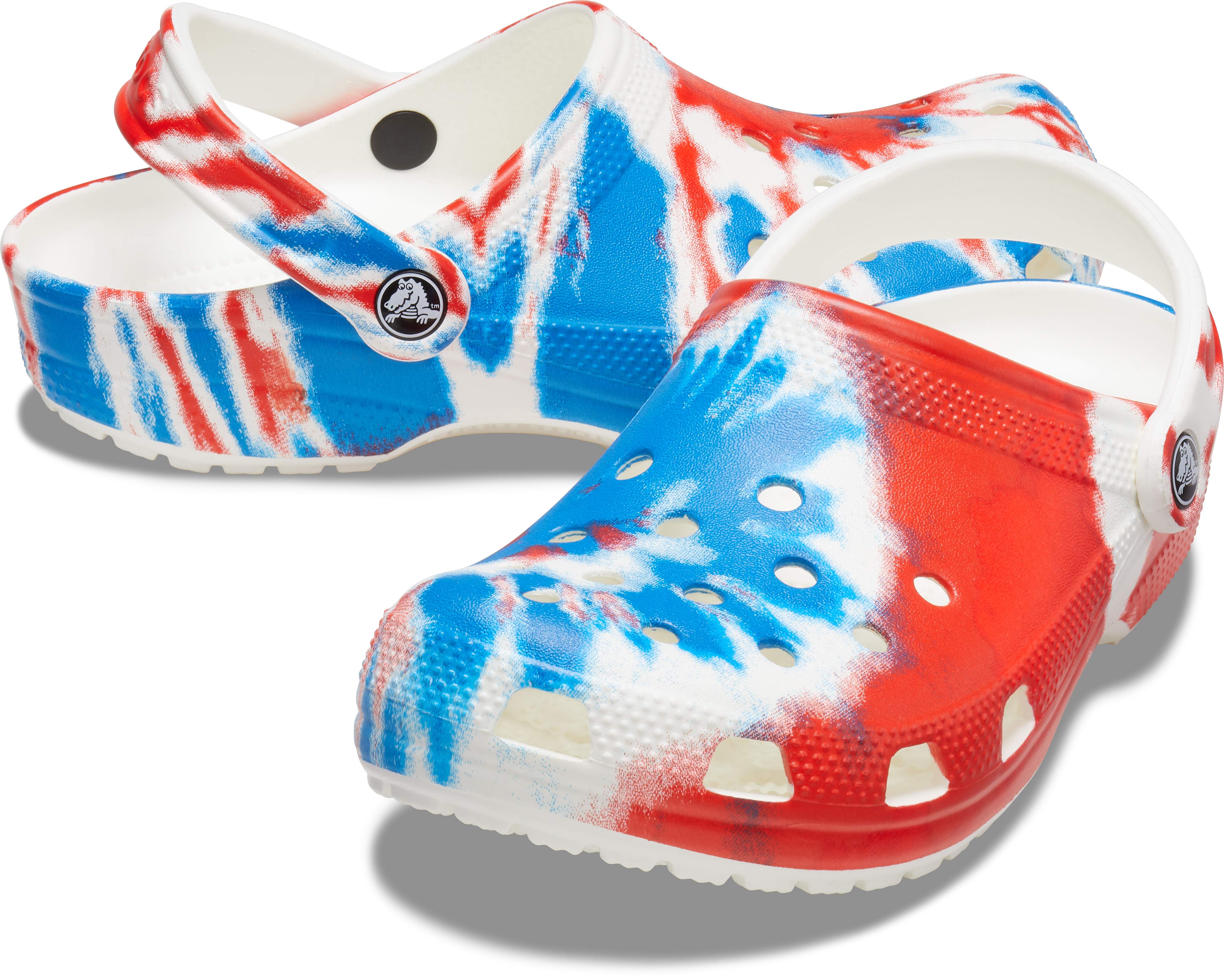 tie dye crocs red white and blue