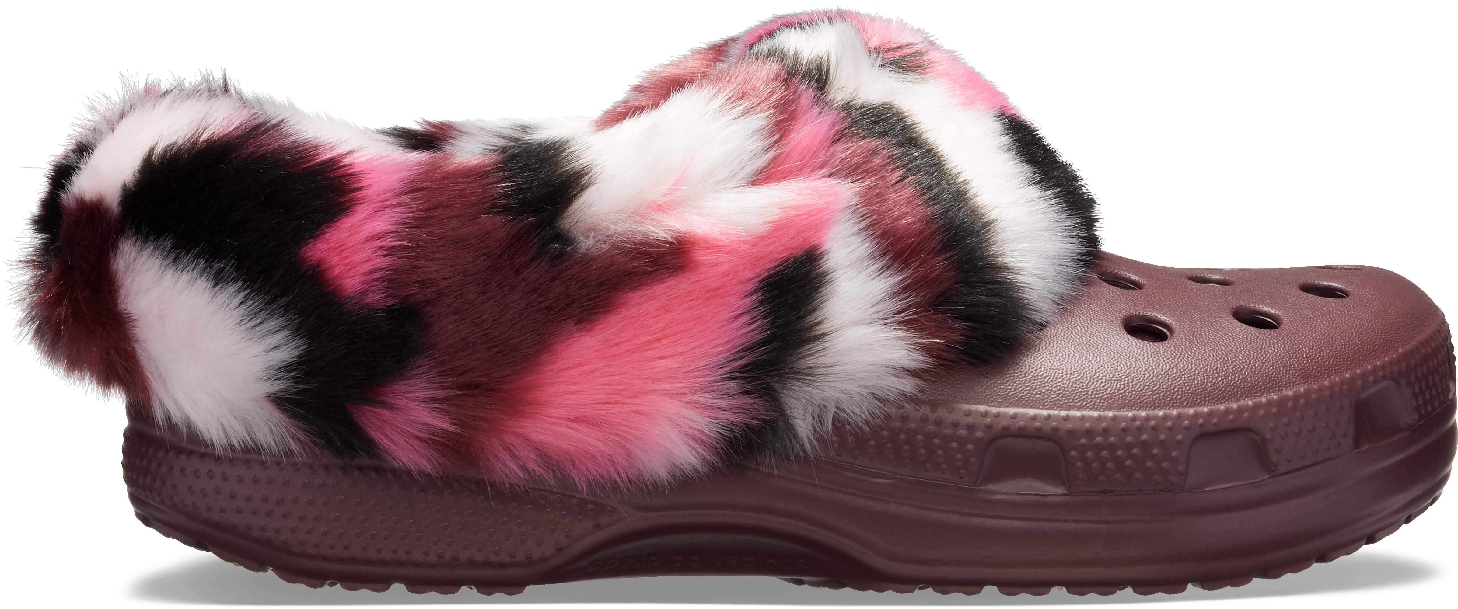 burgundy crocs with fur