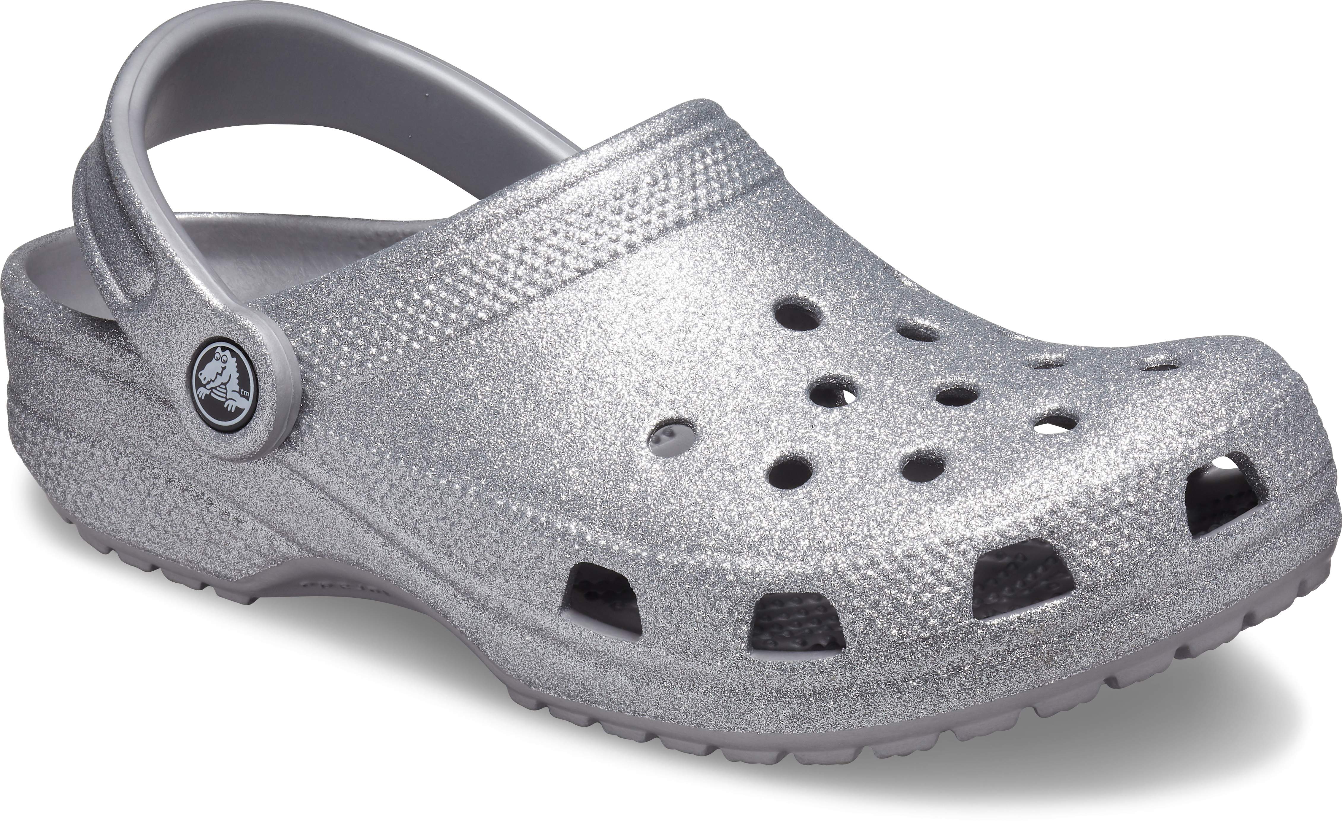 silver sparkly crocs
