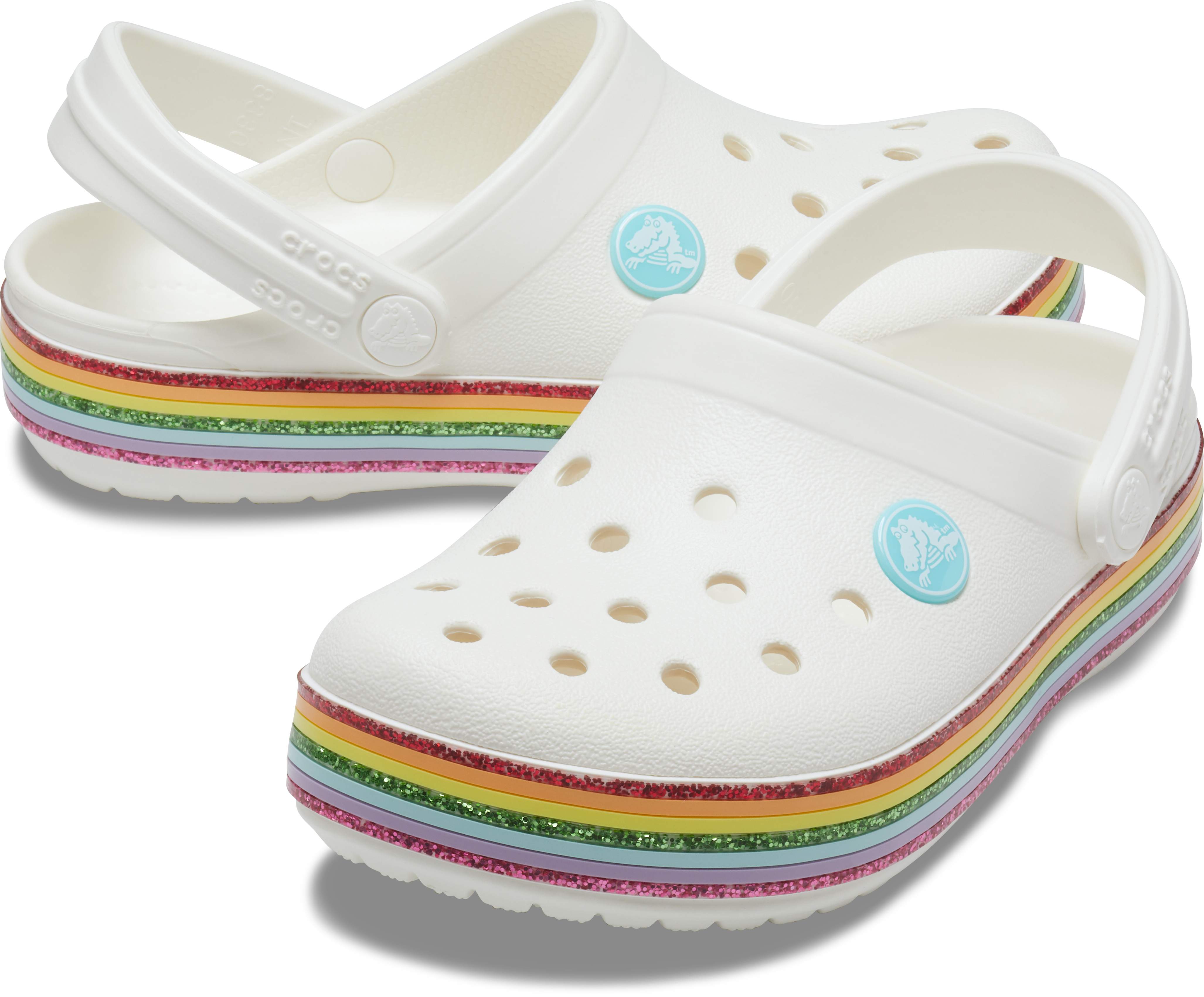 white rainbow crocs