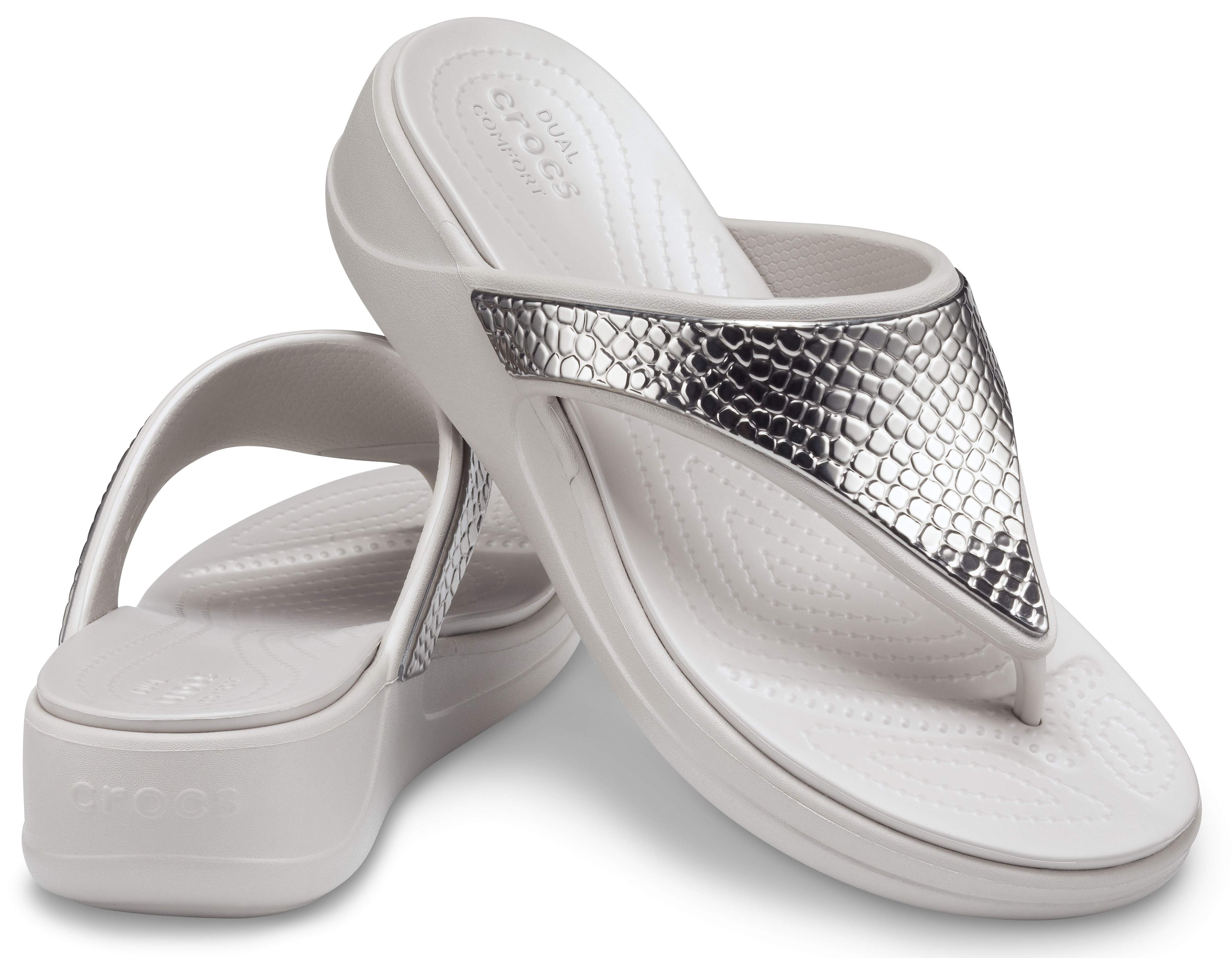 crocs silver flip flops