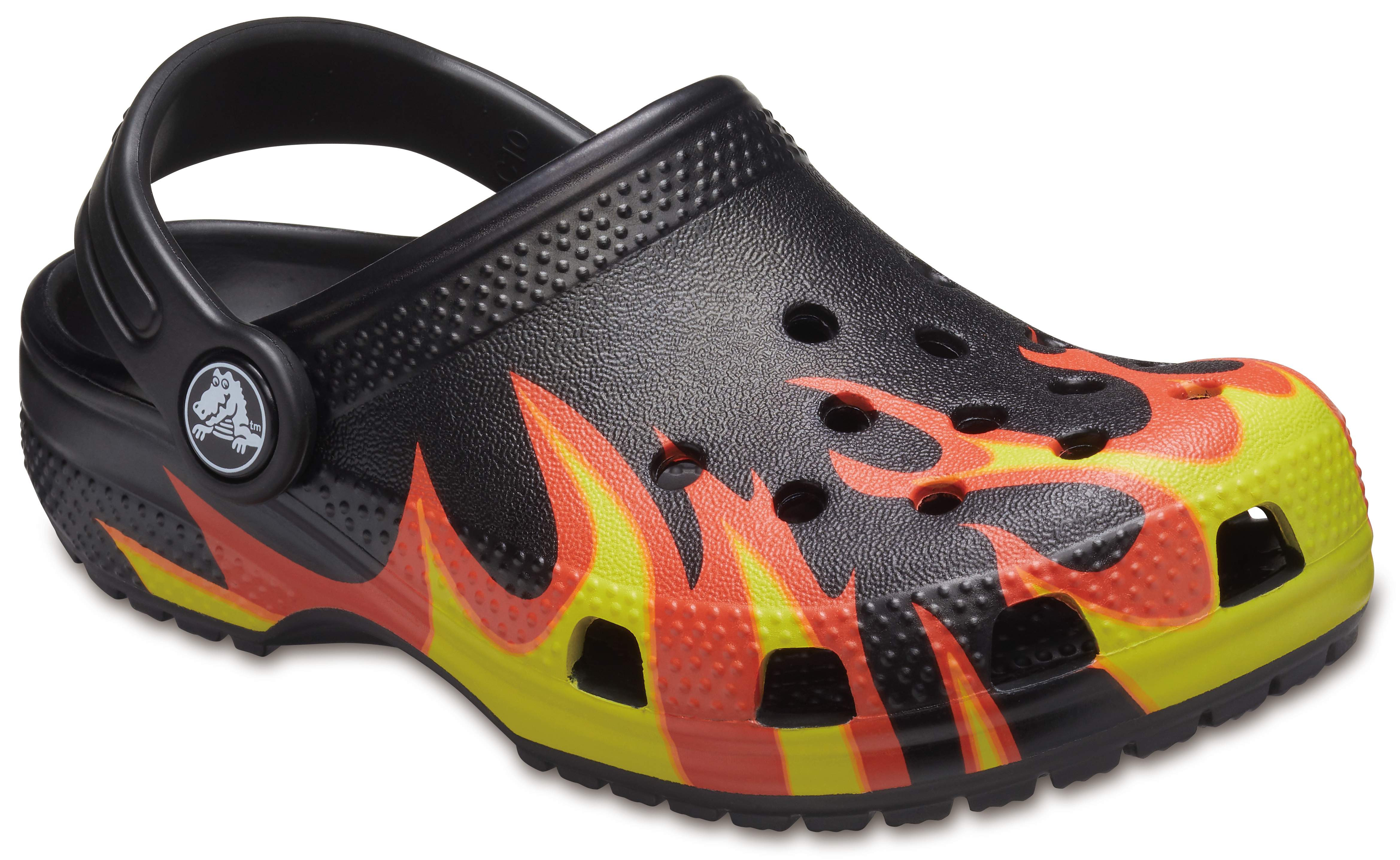 black crocs with flames