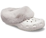brown crocs with white fur